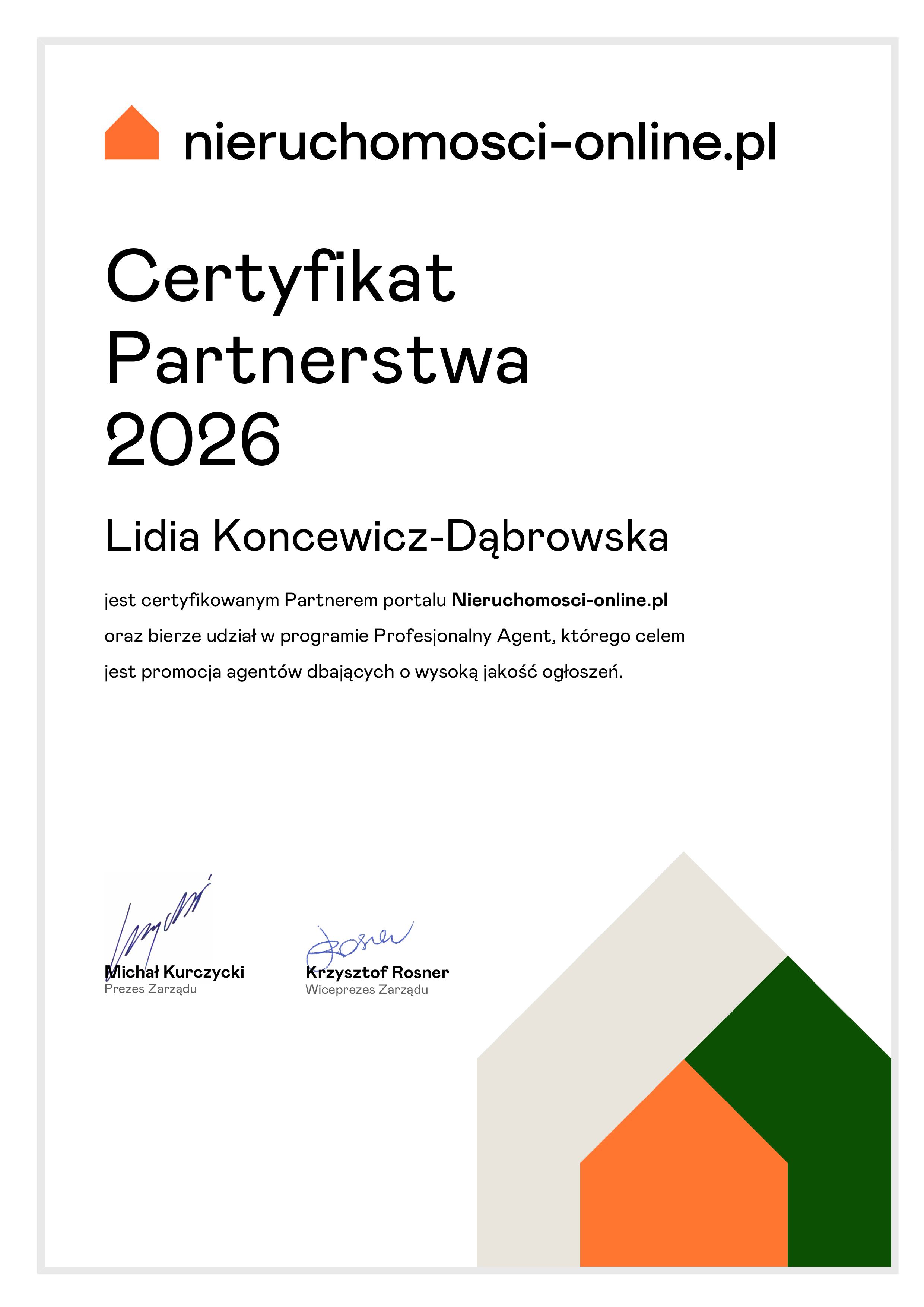 Certyfikat Partnerstwa 2026 - Nieruchomosci-online.pl